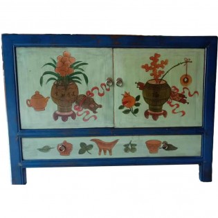 Mongolisches Sideboard mit Gemalden und Schublade mit hellblauem und aquagrunem Boden