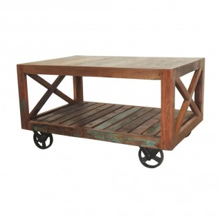 Industrial coffee table with iron wheels