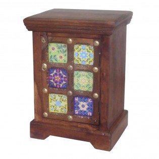 Ethnic bedside table with colored ceramics