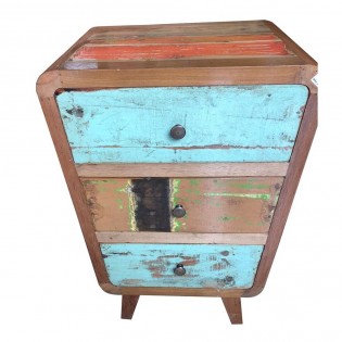 Colored bedside table in recycled wood with three drawers