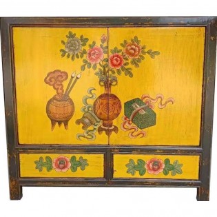 Mongolian sideboard with paintings and two yellow base drawers