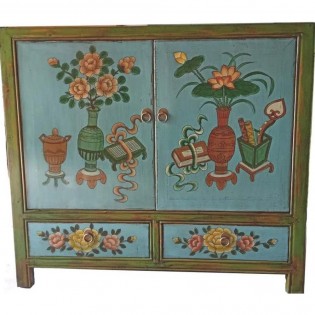 Mongolian sideboard with paintings and two light blue and green drawers