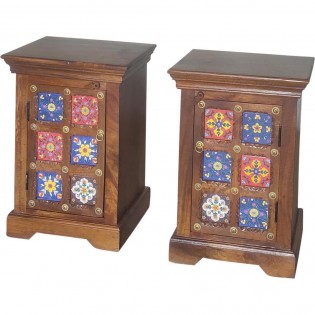 Pair of Indian bedside tables with ceramics