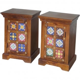 Set of 2 Indian bedside tables in solid wood and ceramic