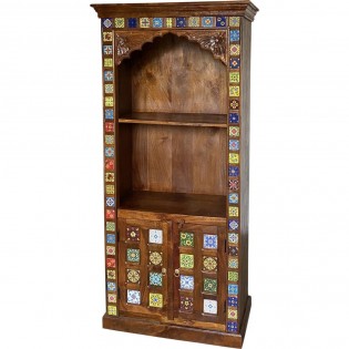 Bookcase with Indian doors in wood and ceramics