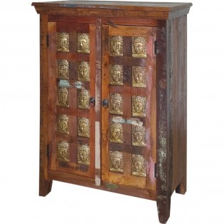 Indian cabinet in recycled wood and Buddha brass decorations