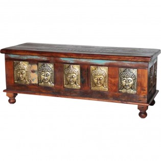Indian trunk in solid wood with brass Buddha decorations