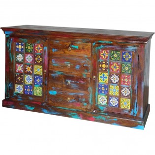 Indian sideboard in solid wood with ceramic decorations