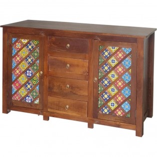 Indian sideboard in solid rosewood with ceramics