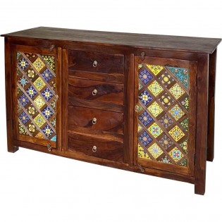 Indian sideboard in solid rosewood with ceramic decorations