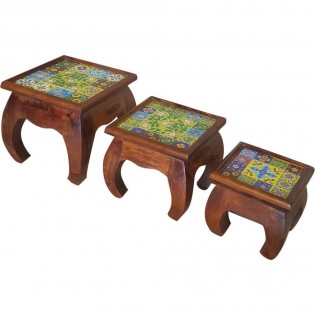 Set of 3 Indian coffee tables with ceramic decorations