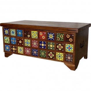 Indian chest in solid wood with ceramics