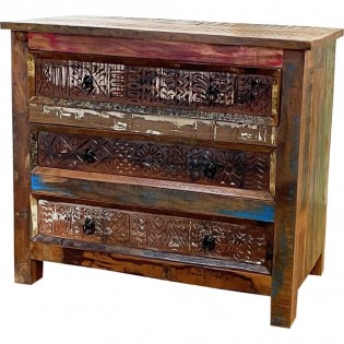 Indian ethnic chest of drawers in reclaimed wood with carvings