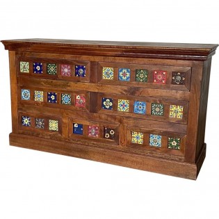 Indian ethnic chest of drawers in solid wood with ceramics