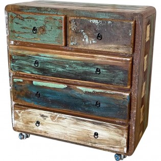 Ethnic chest of drawers in multicolored reclaimed wood