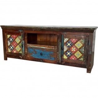 Ethnic TV cabinet in recycled wood with ceramics
