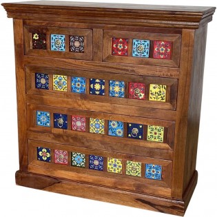 Indian chest of drawers in solid wood with ceramics