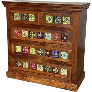 Indian chest of drawers in solid wood with ceramics