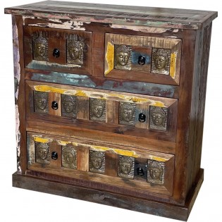 Indian chest of drawers in recycled wood with brass Buddha