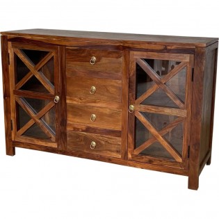 Indian ethnic sideboard in solid wood with glass