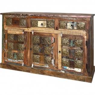 Indian sideboard in reclaimed wood with brass elephant decorations