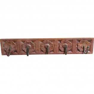 Ethnic carved wooden hanger with 5 mixed color hooks