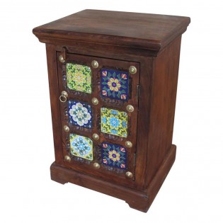1-door ethnic Indian bedside table with tiles