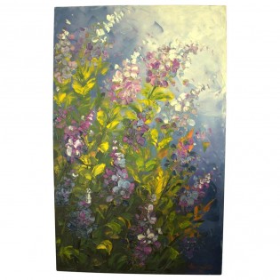 Provencal painting flowers on canvas blue background