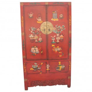 Chinese red lacquered cabinet with decorations