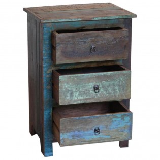 Bedside ethnic reclaimed wood and three drawers