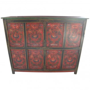 Tibetan sideboard lacquered base green and red