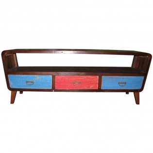 TV cabinet in recycled wood with three colored drawers