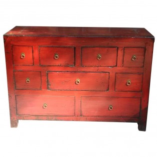 Chinese sideboard in red lacquer with nine drawers