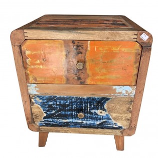 Table de chevet avec deux tiroirs en bois recycle