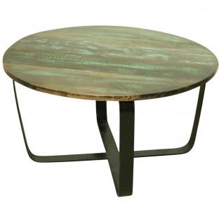 Table basse ronde industrielle en bois de recuperation et fer