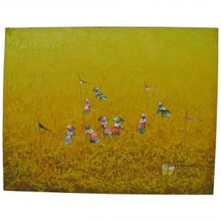 Dipinto etnico raccoglitori di riso base giallo